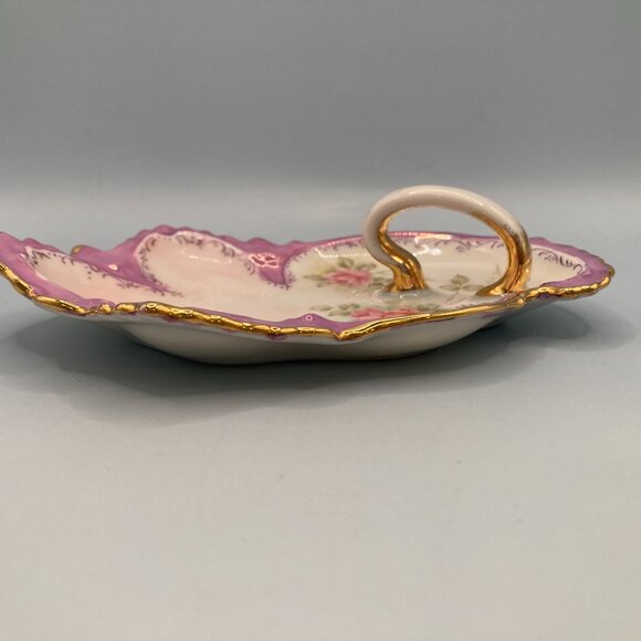 Handmade Porcelain Ceramic Dish w/Handle  Grannycore Trinket Jewelry Candy Cards - Picture 4 of 6